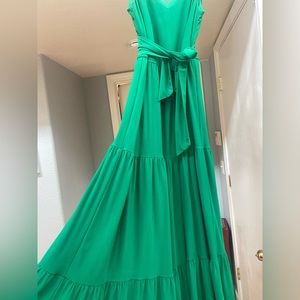 Green maxi peasant style dress with waist tie